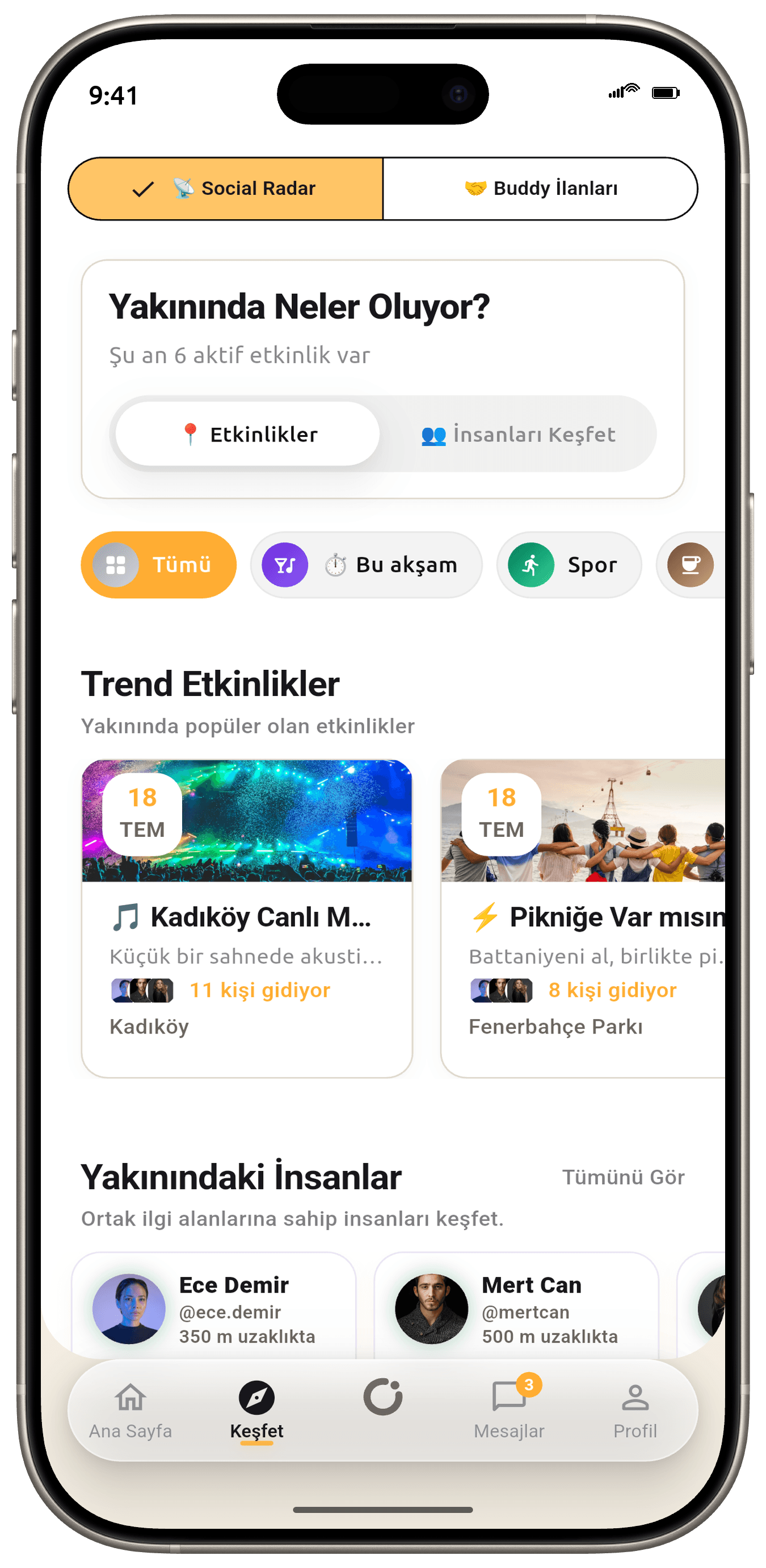 Todayo Social Radar ekranı: yakındaki etkinlikler ve yakınındaki insanlar